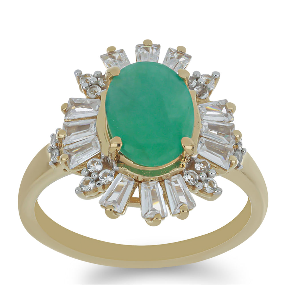 Anel de Prata com Banho de Ouro com Esmeralda do Brasil e Zircão Branco  Contraste: Cabeca de Veado (800)