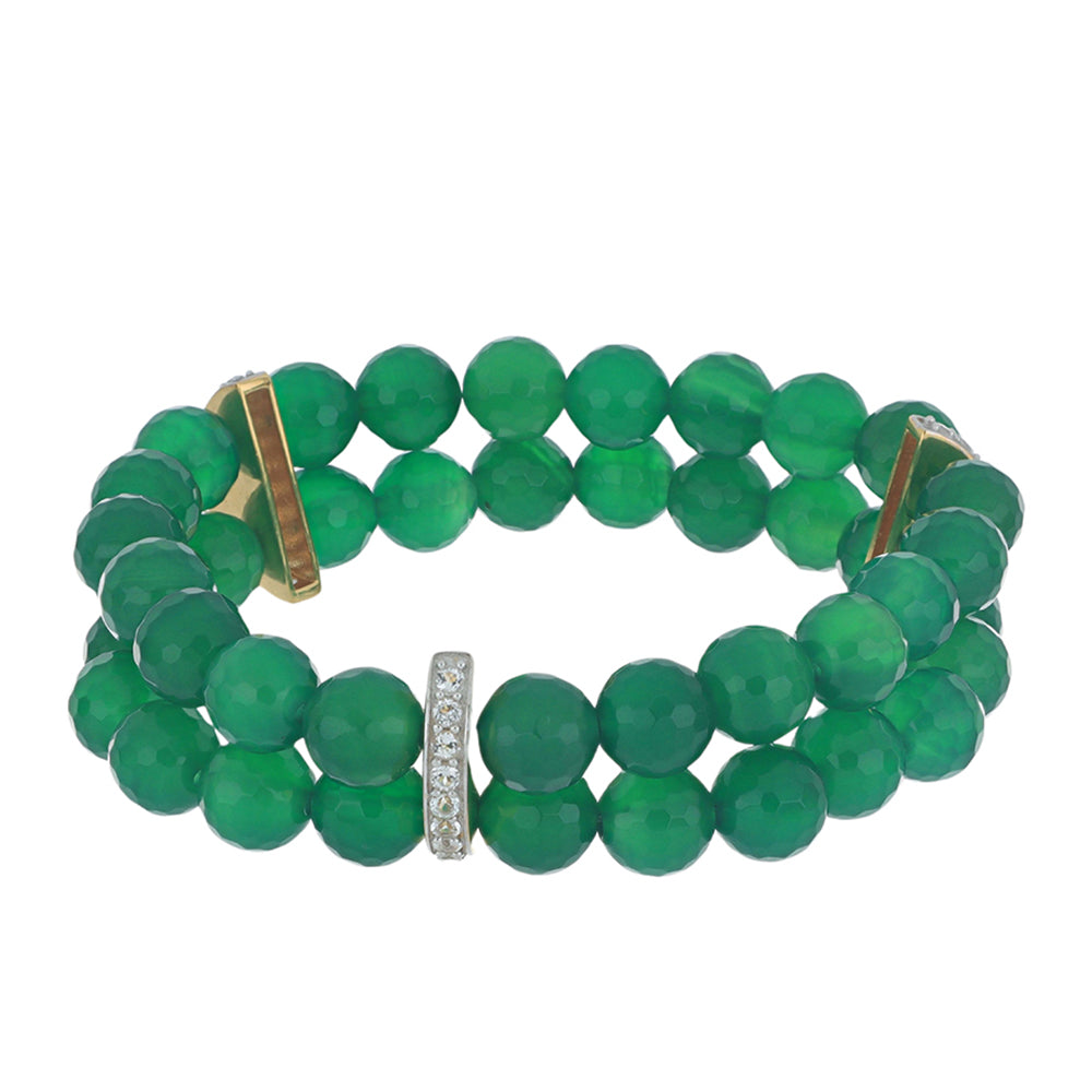 Pulseira de Prata com Banho de Ouro com Ágata Verde e Topázio Branco  Contraste: Cabeca de Veado (800)