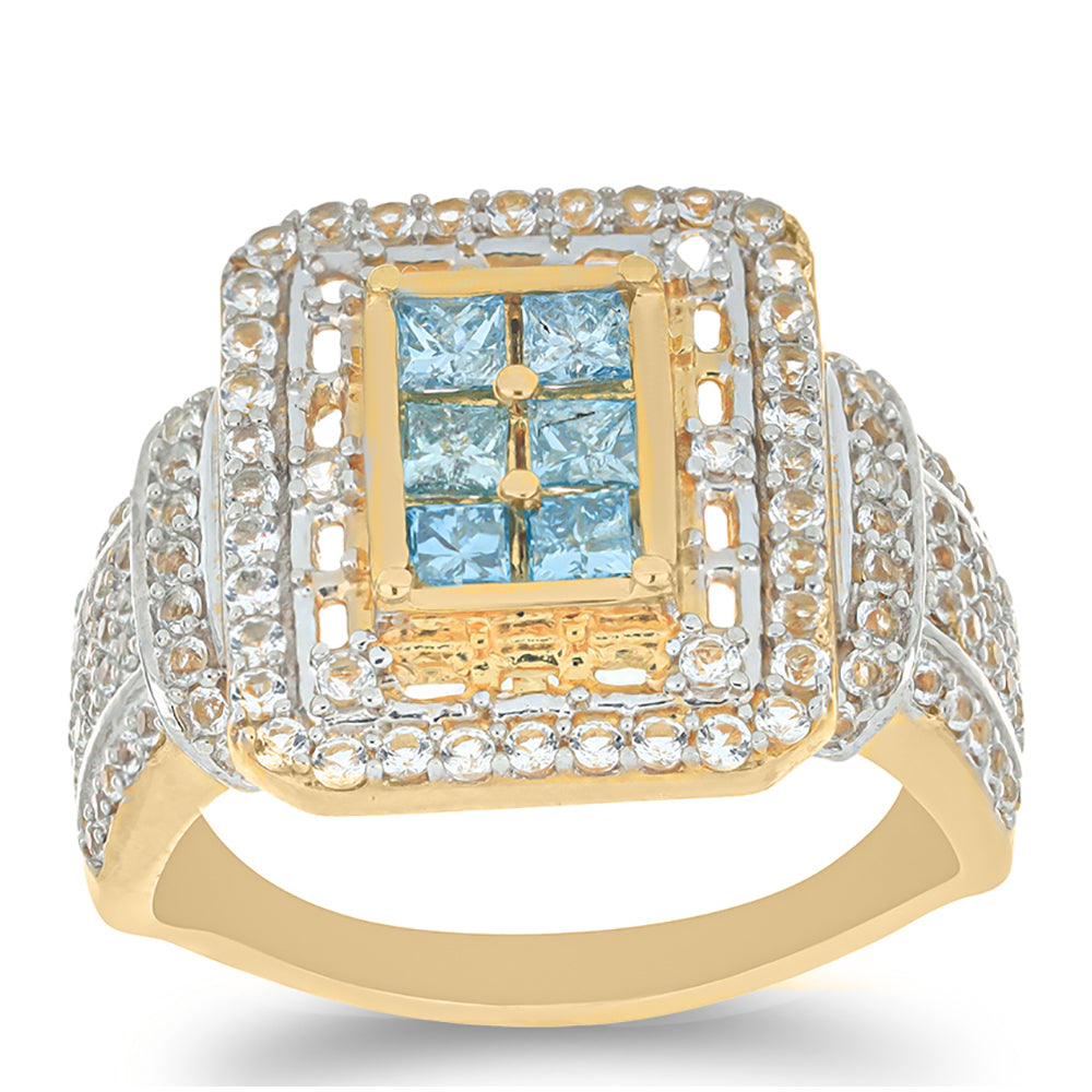 Anel de Prata com Banho de Ouro com Diamante Azul e Topázio Branco  Contraste: Cabeca de Veado (800)