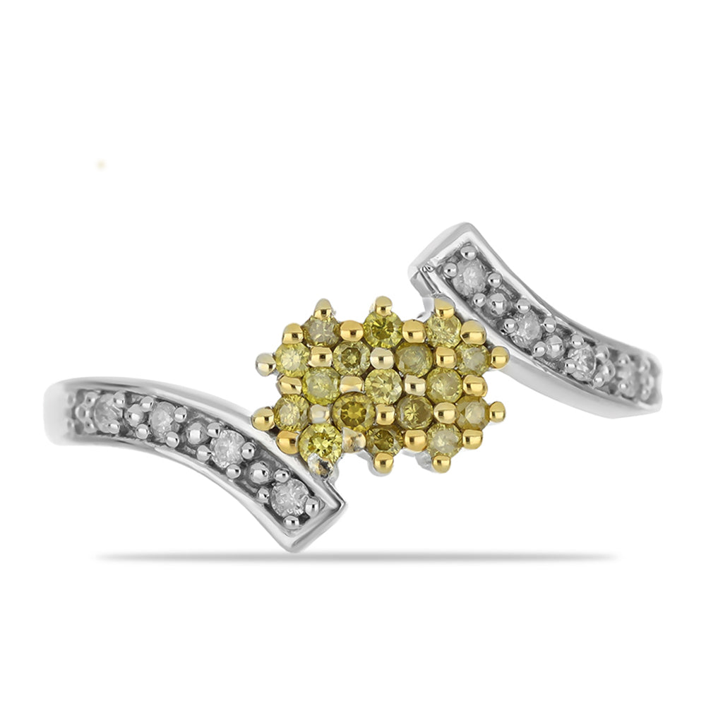 Anel de Prata com Diamante Amarelo e Diamante Branco