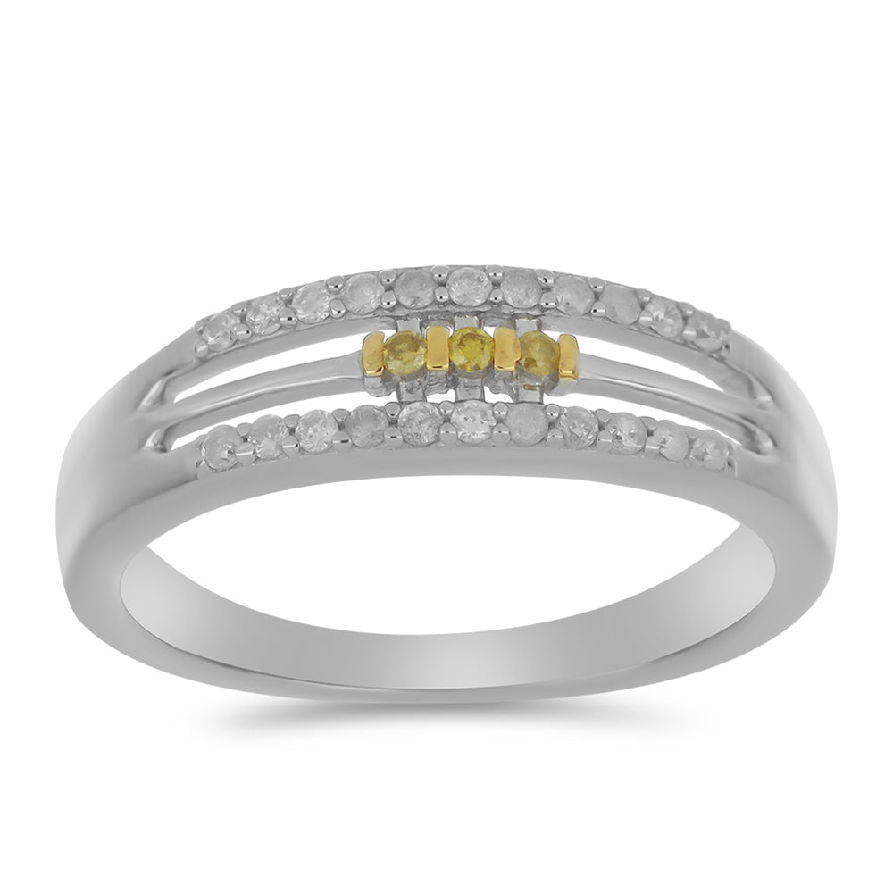 Anel de Prata com Diamante Amarelo e Diamante Branco