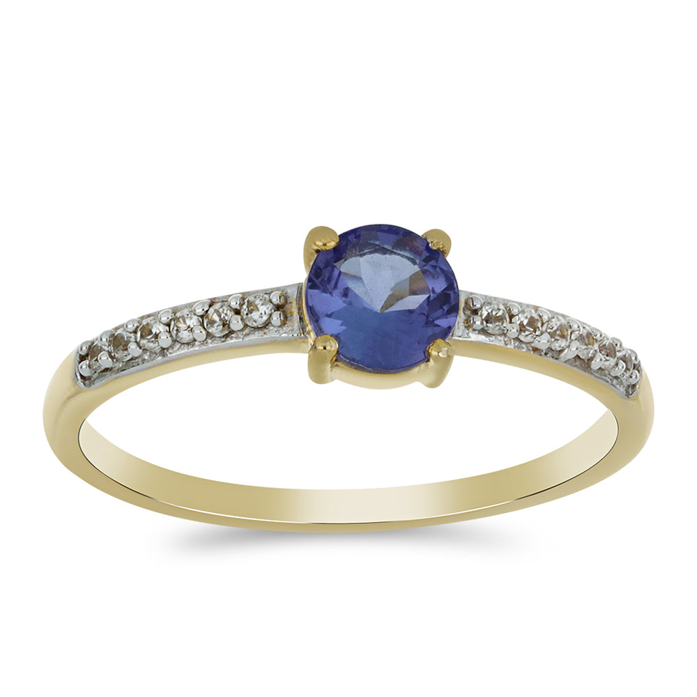 Anel de Ouro com Tanzanite AAA e Zircão Branco Natural  Contraste: Cruz missionária