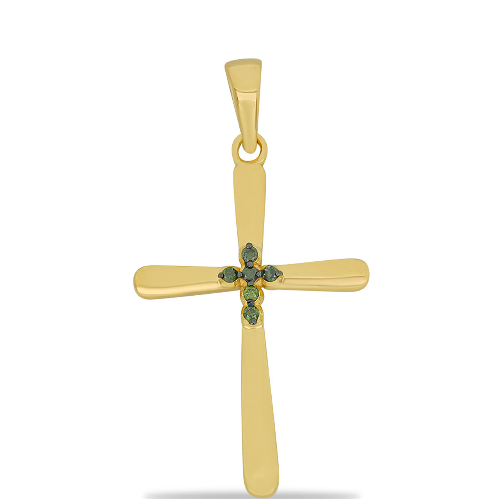 Cruz Pendente de Prata com Banho de Ouro com Diamante Verde