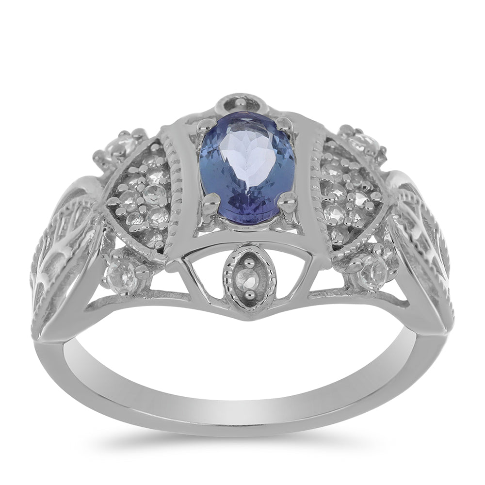 Anel de Prata com Tanzanite e Topázio Branco  Contraste: Cabeca de Veado (800)