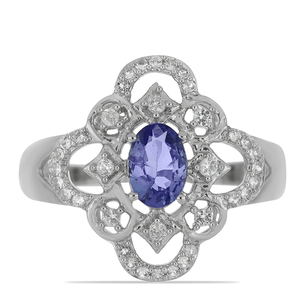 Anel de Prata com Tanzanite e Topázio Branco  Contraste: Cabeca de Veado (800) 1 