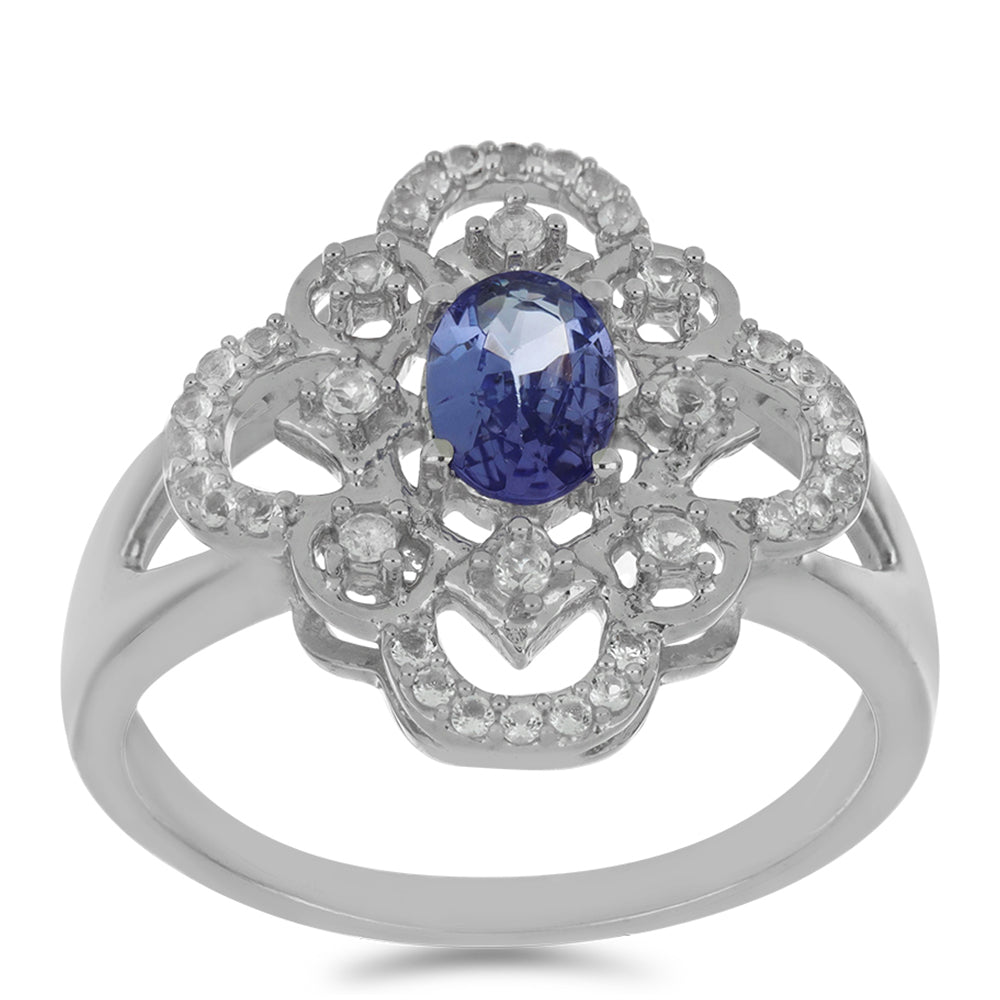 Anel de Prata com Tanzanite e Topázio Branco  Contraste: Cabeca de Veado (800)