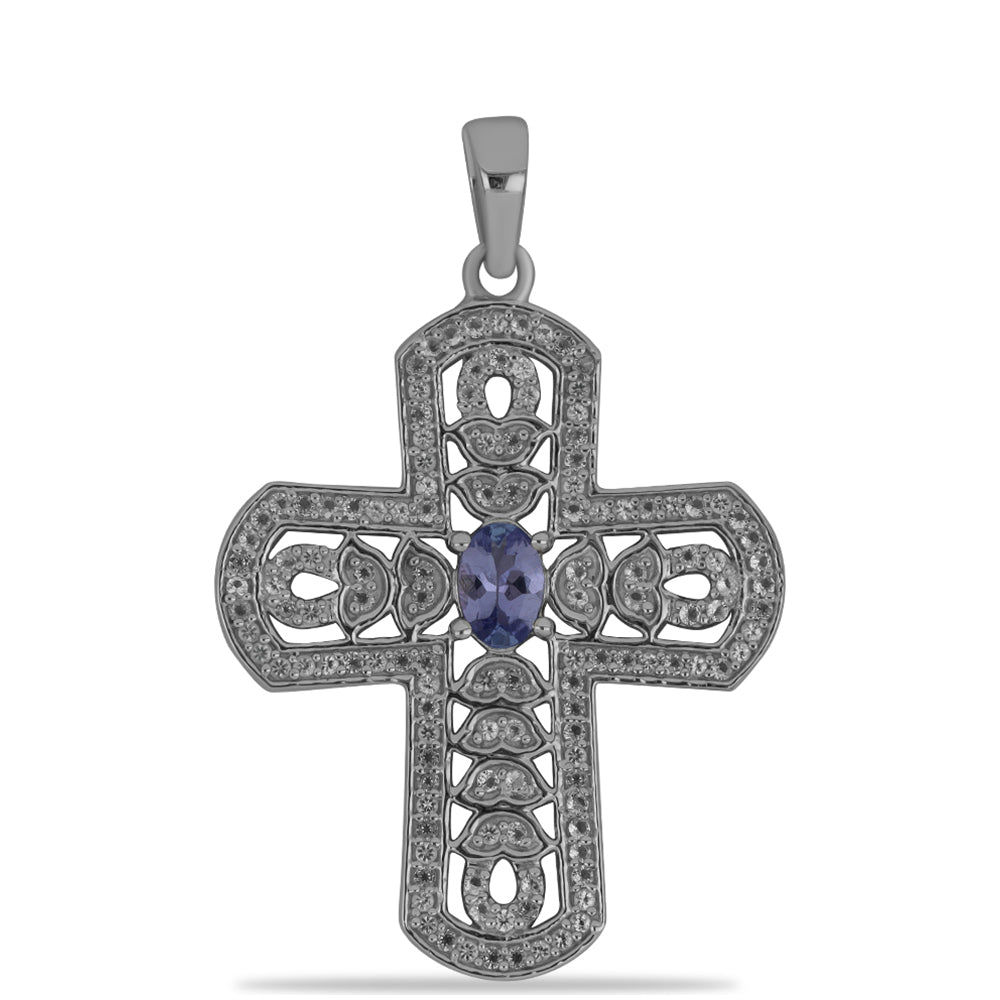 Cruz Pendente de Prata com Tanzanite e Topázio Branco  Contraste: Cabeca de Veado (800)