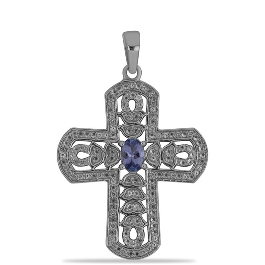 Cruz Pendente de Prata com Tanzanite e Topázio Branco  Contraste: Cabeca de Veado (800)