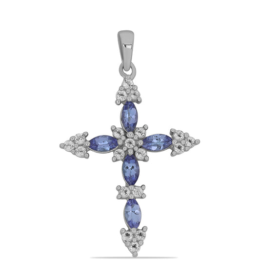 Cruz Pendente de Prata com Tanzanite e Topázio Branco  Contraste: Cabeca de Veado (800)