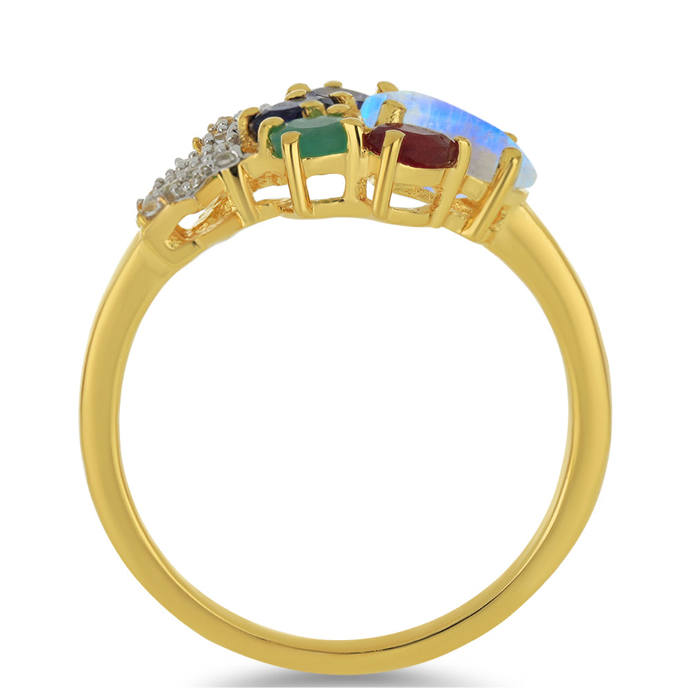 Anel de Prata com Banho de Ouro com Pedra da Lua Arco-íris e Tanzanite 2 