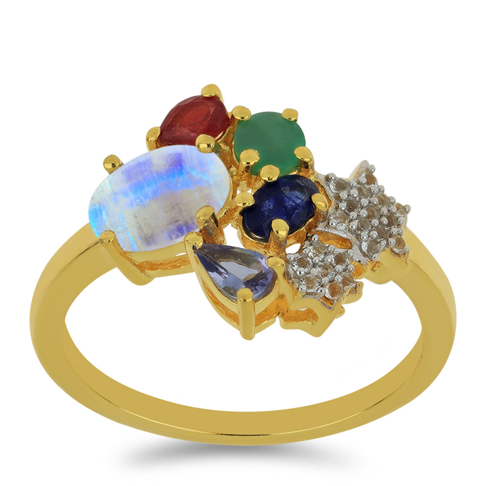 Anel de Prata com Banho de Ouro com Pedra da Lua Arco-íris e Tanzanite 3 