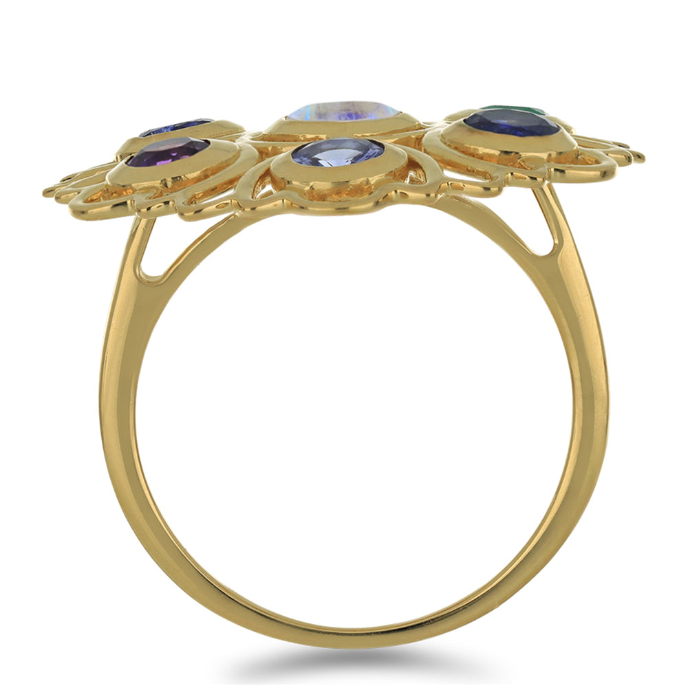 Anel de Prata com Banho de Ouro com Pedra da Lua Arco-íris e Tanzanite  Contraste: Cabeca de Veado (800) 2 