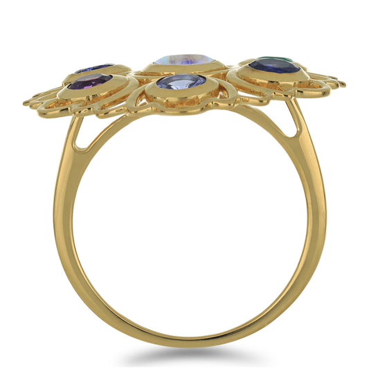 Anel de Prata com Banho de Ouro com Pedra da Lua Arco-íris e Tanzanite  Contraste: Cabeca de Veado (800)