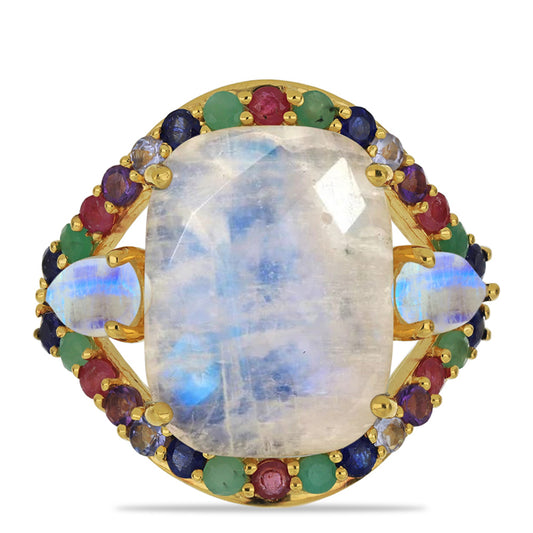 Anel de Prata com Banho de Ouro com Pedra da Lua Arco-íris e Tanzanite  Contraste: Cabeca de Veado (800)