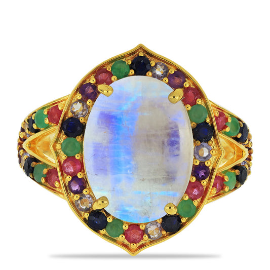 Anel de Prata com Banho de Ouro com Pedra da Lua Arco-íris e Tanzanite  Contraste: Cabeca de Veado (800)