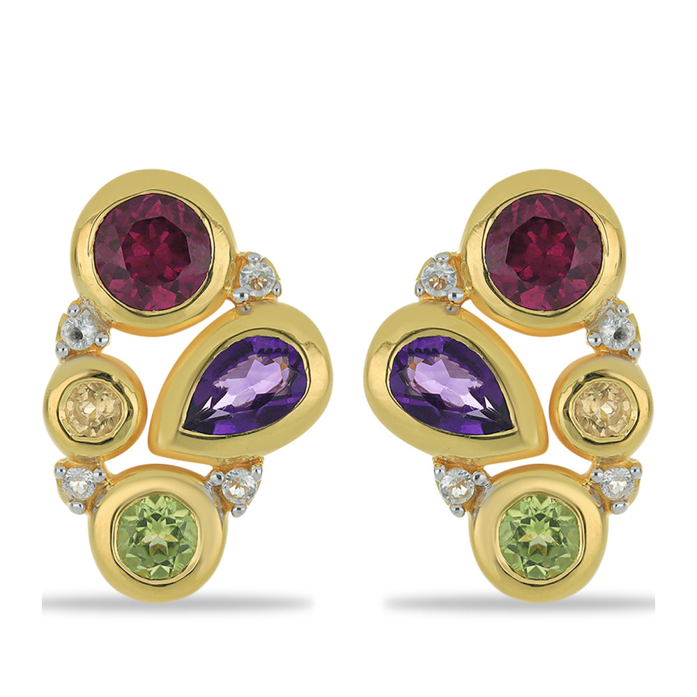 Brincos de Prata com Banho de Ouro com Granada Rhodolite das Minas Moatize e Citrino de Ural