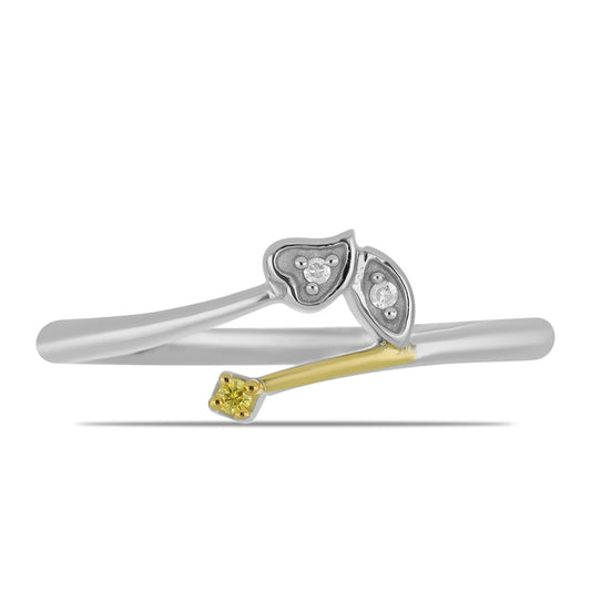 Anel de Prata com Banho de Ouro com Diamante Amarelo e Diamante Branco