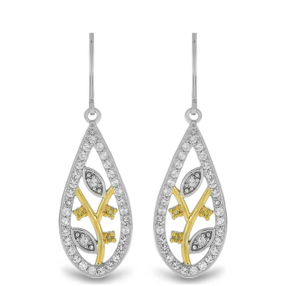 Brincos de Prata com Banho de Ouro com Diamante Amarelo e Topázio Branco