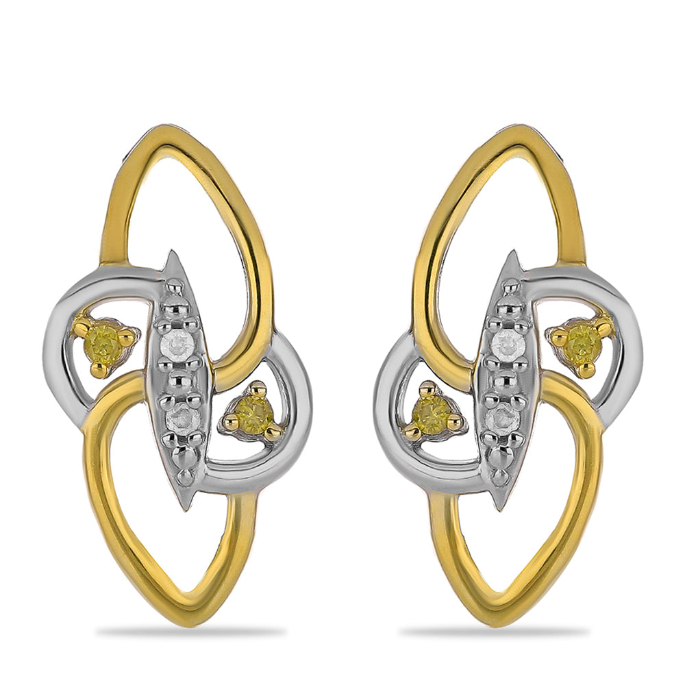 Brincos de Prata com Banho de Ouro com Diamante Amarelo e Diamante Branco