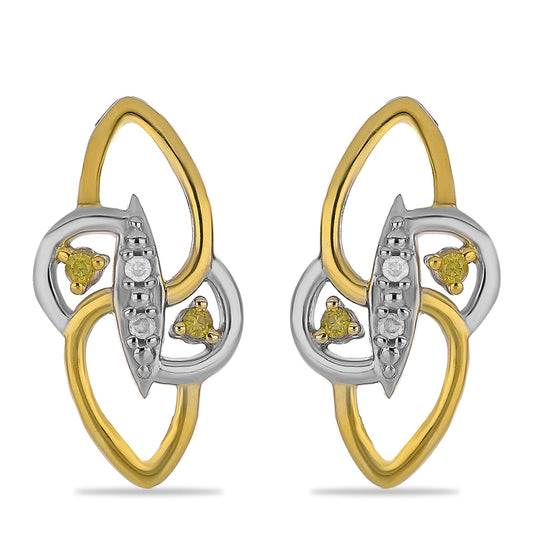 Brincos de Prata com Banho de Ouro com Diamante Amarelo e Diamante Branco