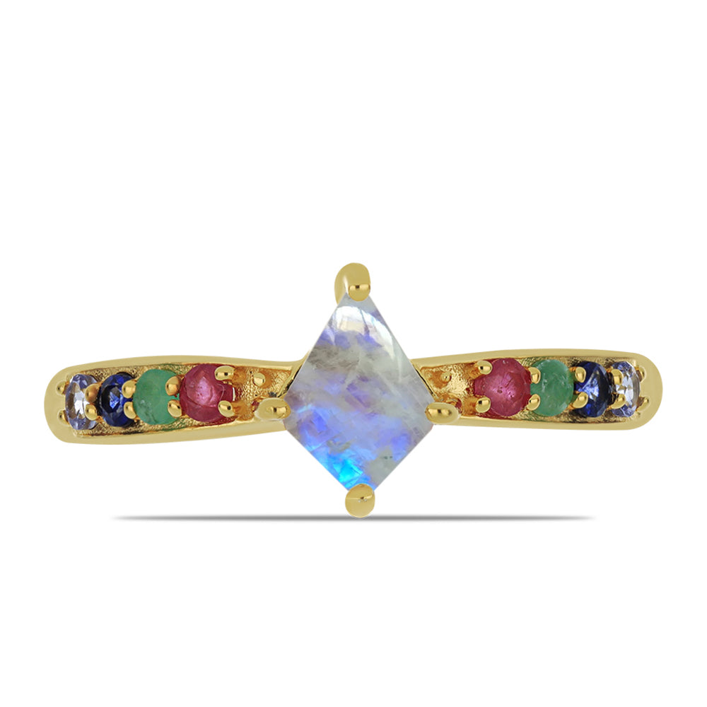 Anel de Prata com Banho de Ouro com Pedra da Lua Arco-íris e Tanzanite 1 