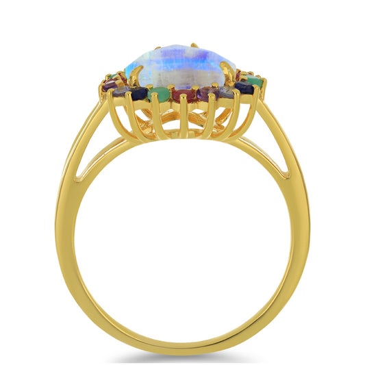 Anel de Prata com Banho de Ouro com Pedra da Lua Arco-íris e Tanzanite  Contraste: Cabeca de Veado (800)