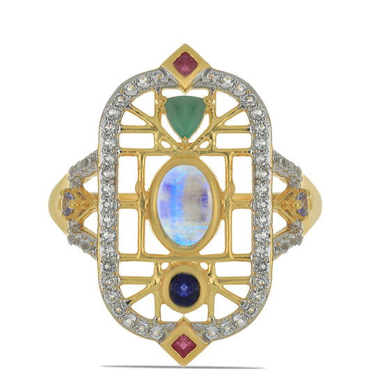 Anel de Prata com Banho de Ouro com Pedra da Lua Arco-íris e Tanzanite  Contraste: Cabeca de Veado (800)