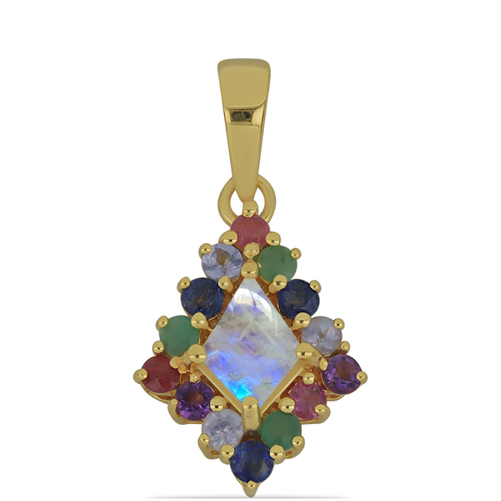 Pendente de Prata com Banho de Ouro com Pedra da Lua Arco-íris e Tanzanite