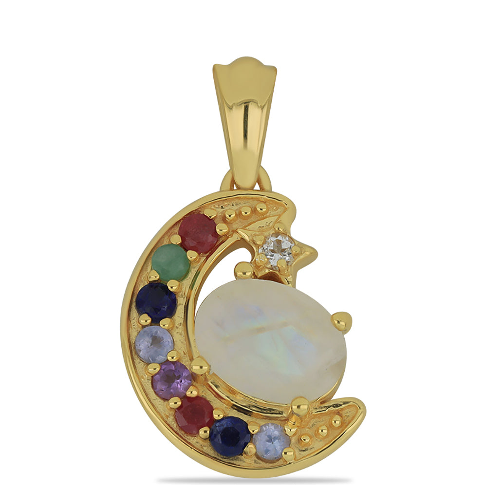 Pendente de Prata com Banho de Ouro com Pedra da Lua Arco-íris e Tanzanite 1 