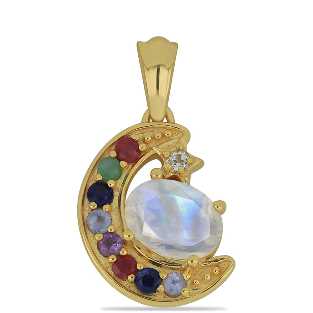 Pendente de Prata com Banho de Ouro com Pedra da Lua Arco-íris e Tanzanite