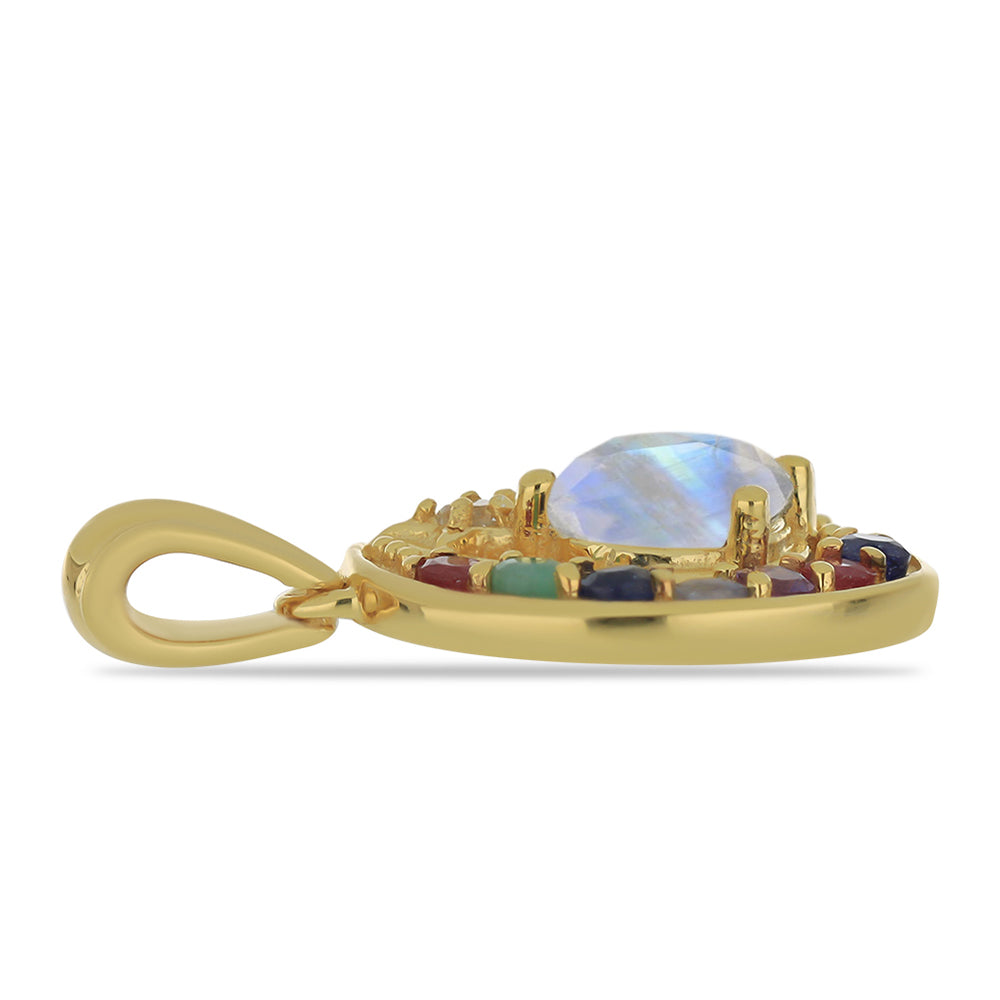 Pendente de Prata com Banho de Ouro com Pedra da Lua Arco-íris e Tanzanite