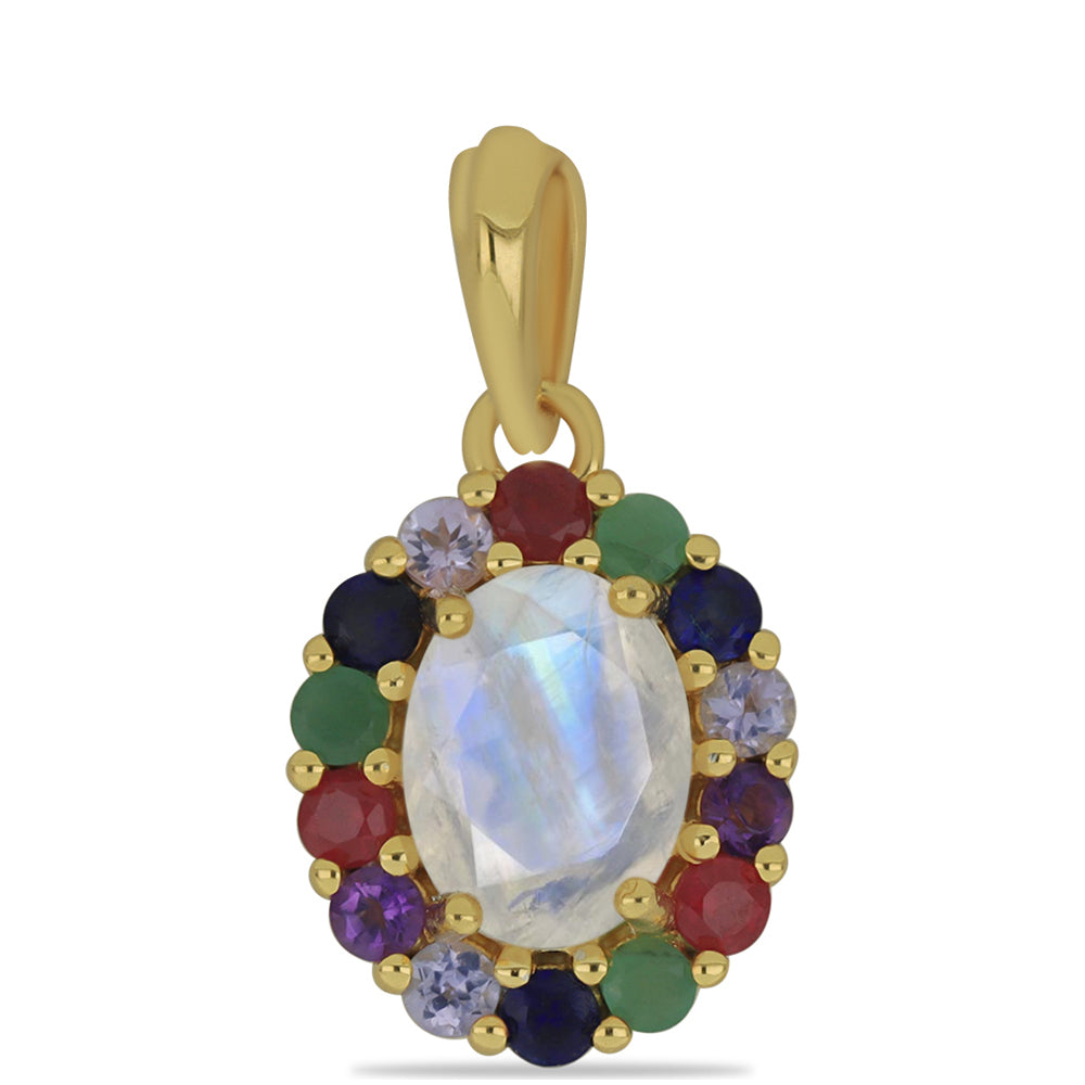 Pendente de Prata com Banho de Ouro com Pedra da Lua Arco-íris e Tanzanite