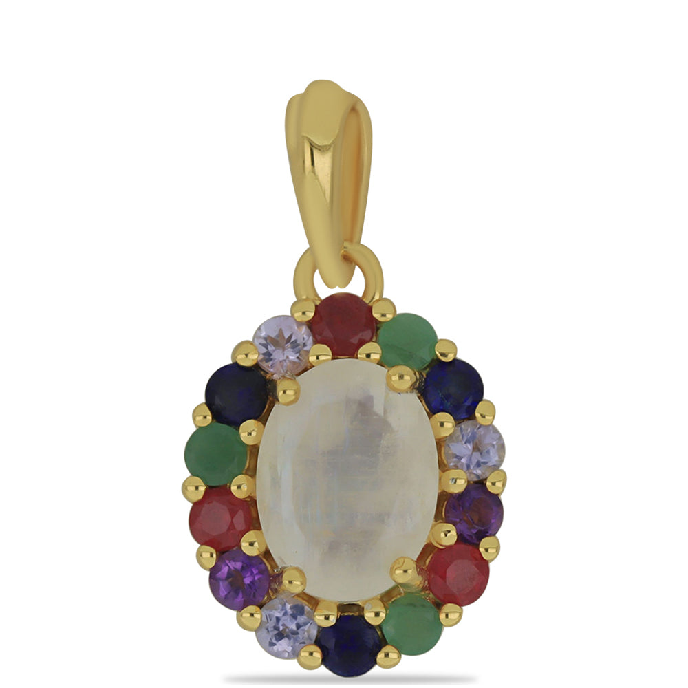 Pendente de Prata com Banho de Ouro com Pedra da Lua Arco-íris e Tanzanite 1 