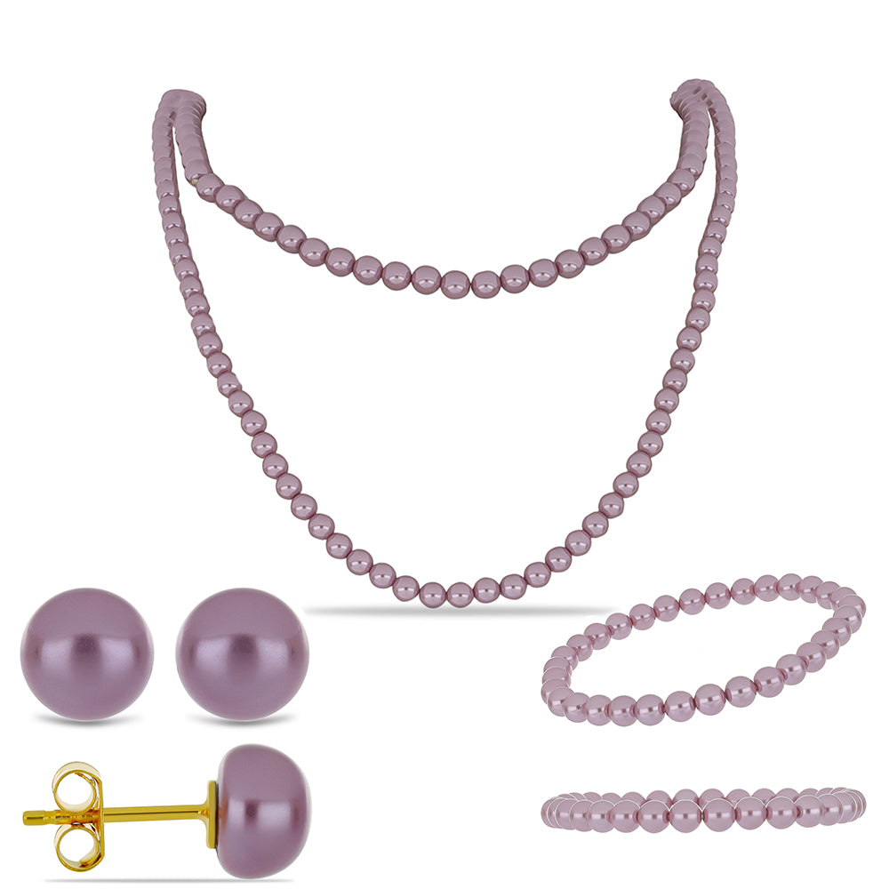 Conjunto com Pérola de Água Doce Roxo ( Colar+Brincos+Pulseira ) 1 