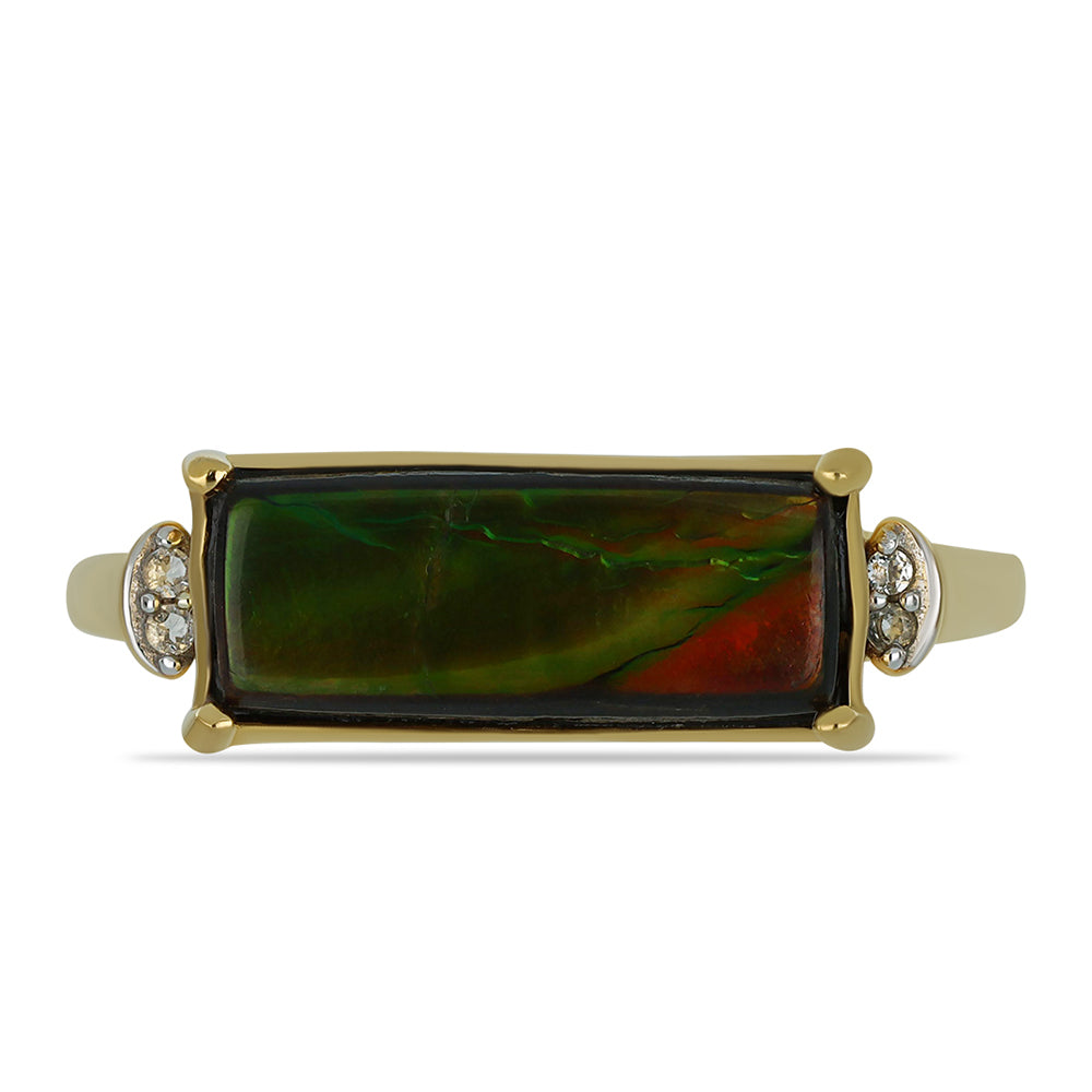 Anel de Prata com Banho de Ouro com Ammolite e Topázio Branco  Contraste: Cabeca de Veado (800) 1 