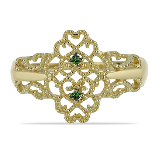 Anel de Prata com Banho de Ouro com Diamante Verde  Contraste: Cabeca de Veado (800)