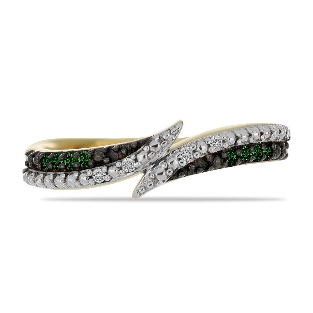 Anel de Prata com Banho de Ouro com Diamante Verde e Diamante Branco 2 