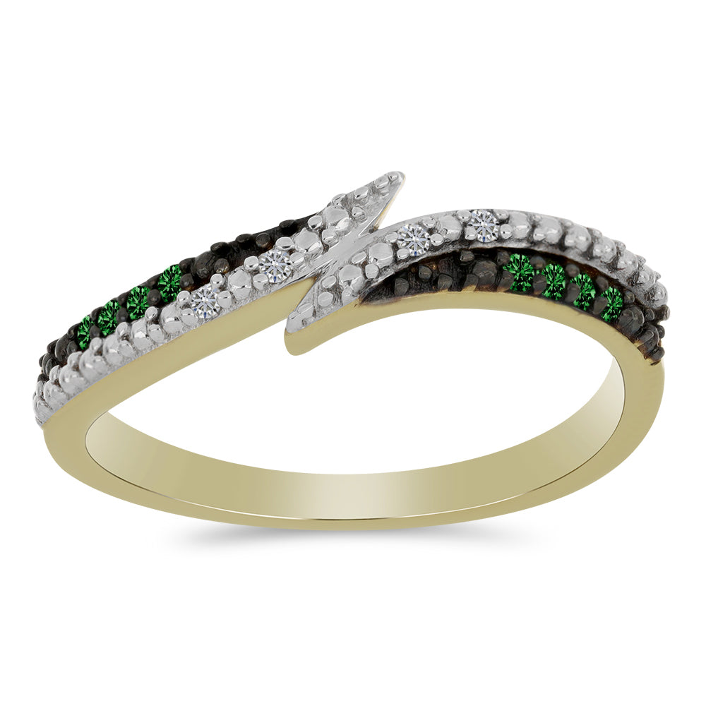 Anel de Prata com Banho de Ouro com Diamante Verde e Diamante Branco