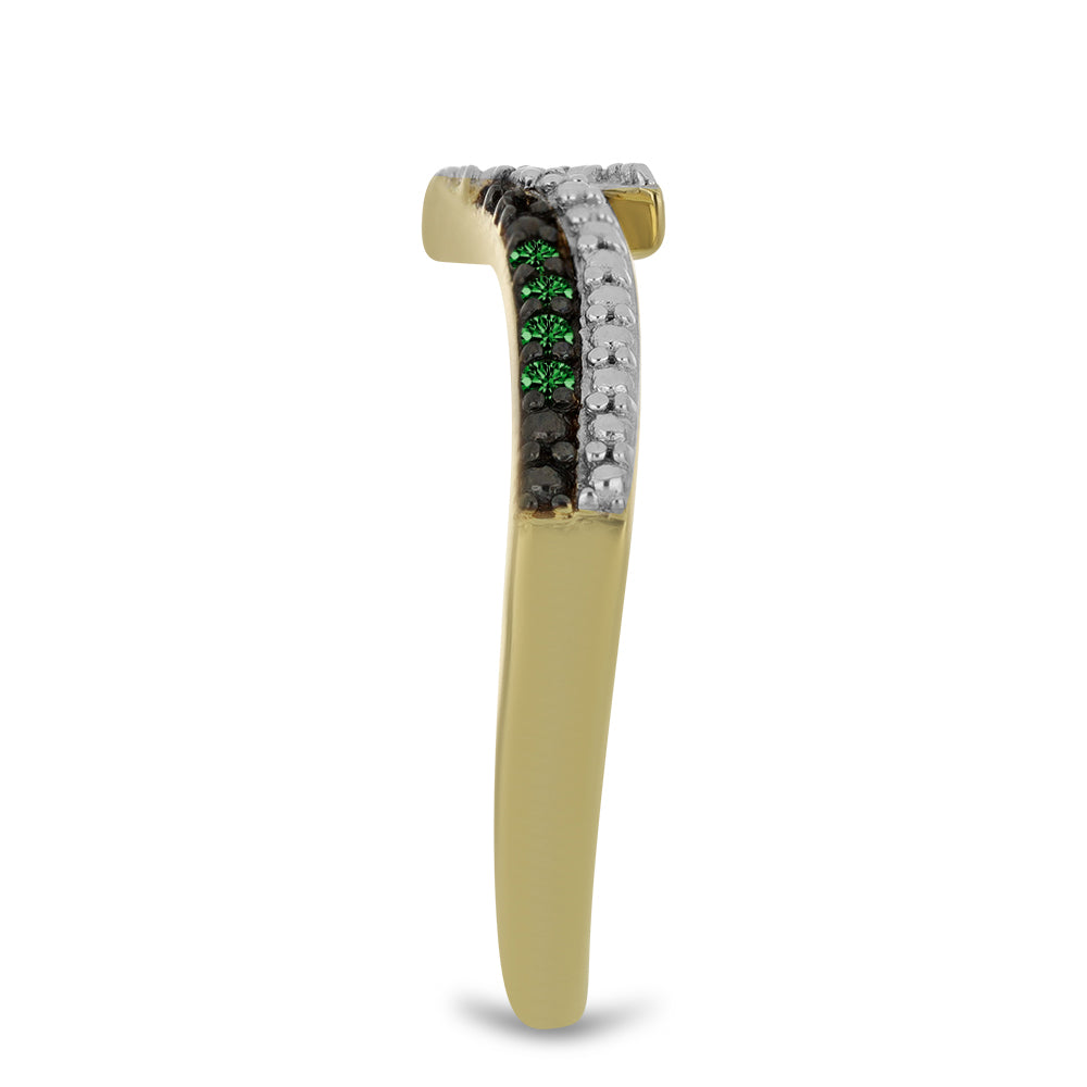 Anel de Prata com Banho de Ouro com Diamante Verde e Diamante Branco