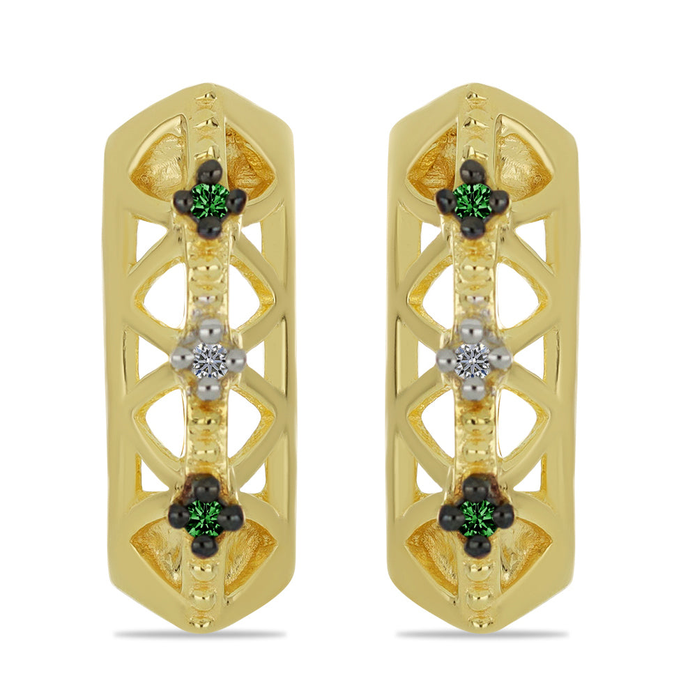 Brincos de Prata com Banho de Ouro com Diamante Verde e Diamante Branco