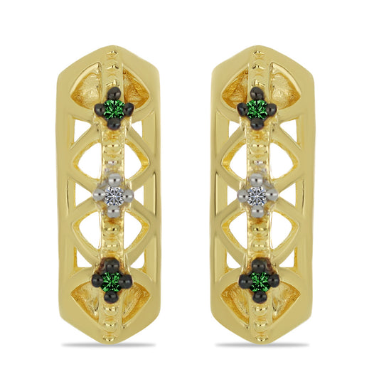 Brincos de Prata com Banho de Ouro com Diamante Verde e Diamante Branco