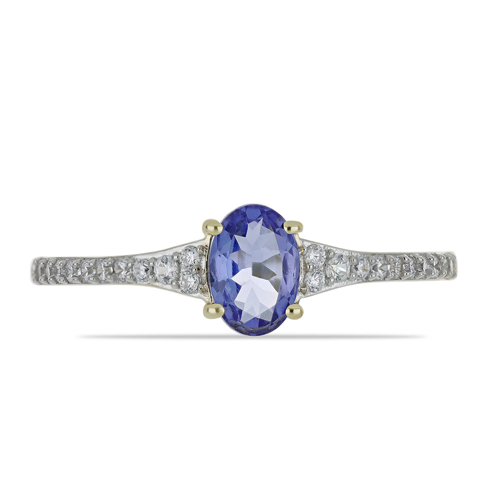 Anel de Ouro com Tanzanite AAA e Zircão Branco Natural  Contraste: Cruz missionária