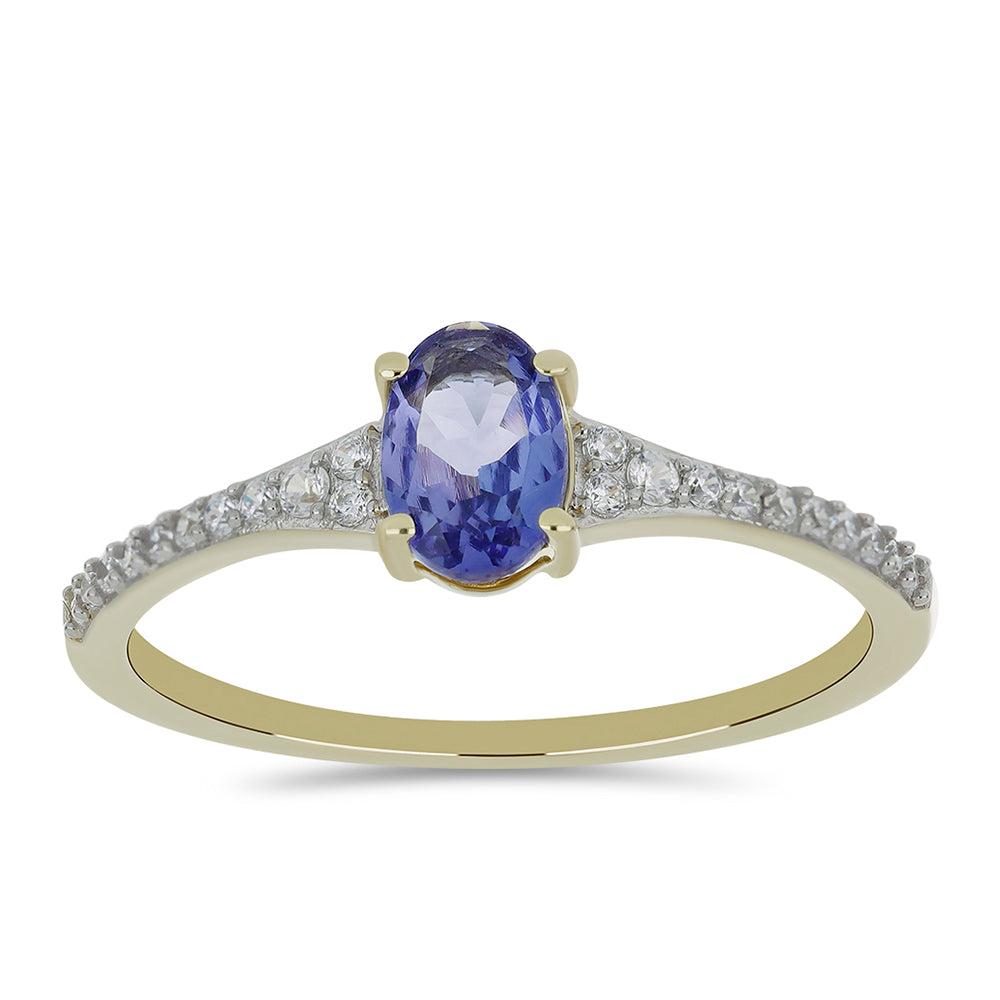 Anel de Ouro com Tanzanite AAA e Zircão Branco Natural  Contraste: Cruz missionária