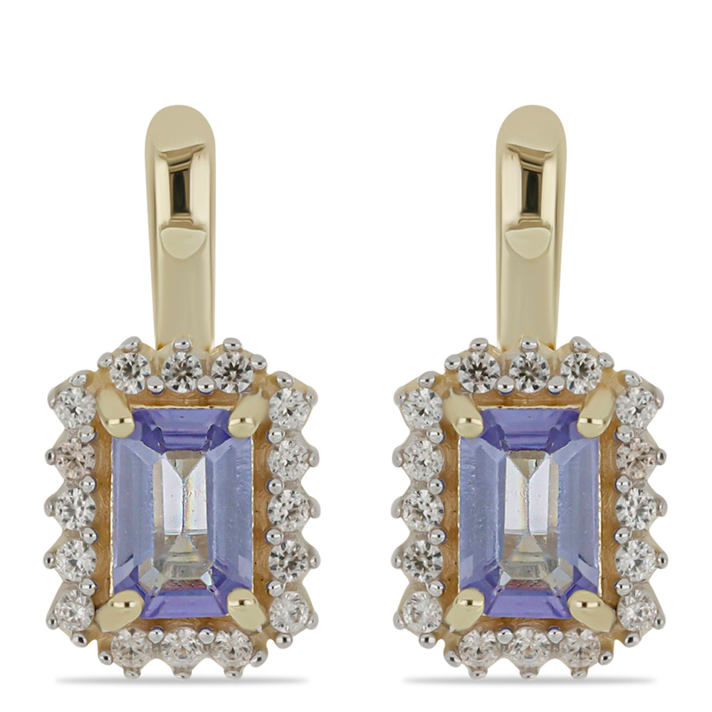 Brincos de Ouro com Tanzanite AAA e Zircão Branco Natural  Contraste: Cruz missionária