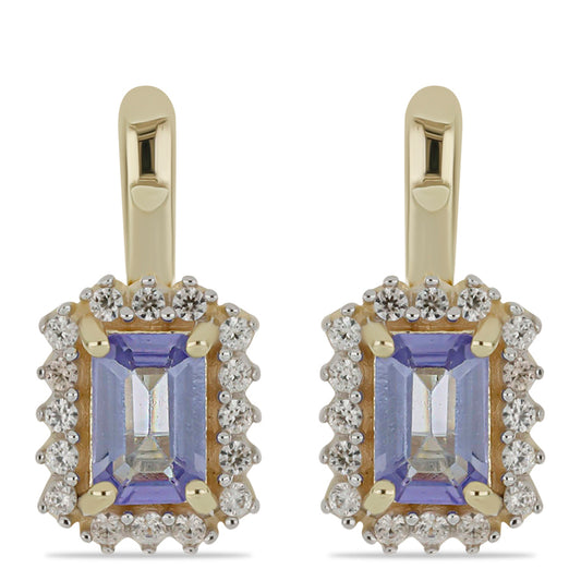 Brincos de Ouro com Tanzanite AAA e Zircão Branco Natural  Contraste: Cruz missionária