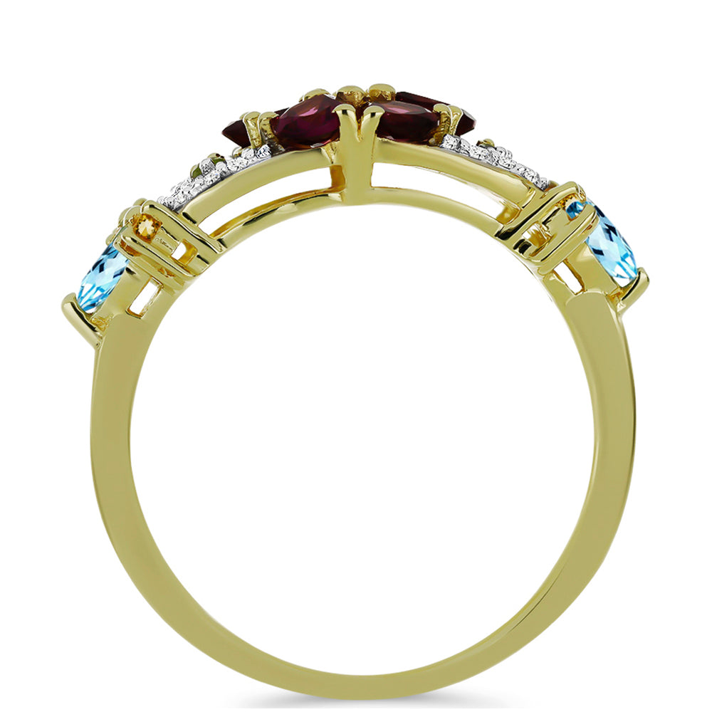Anel de Prata com Banho de Ouro com Granada Rhodolite das Minas Moatize e Citrino de Ural  Contraste: Cabeca de Veado (800)