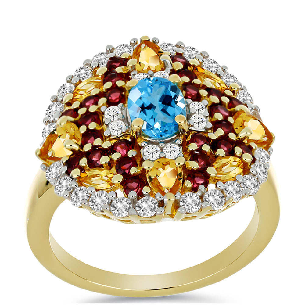 Anel de Prata com Banho de Ouro com Granada Rhodolite das Minas Moatize e Citrino de Ural  Contraste: Cabeca de Veado (800)