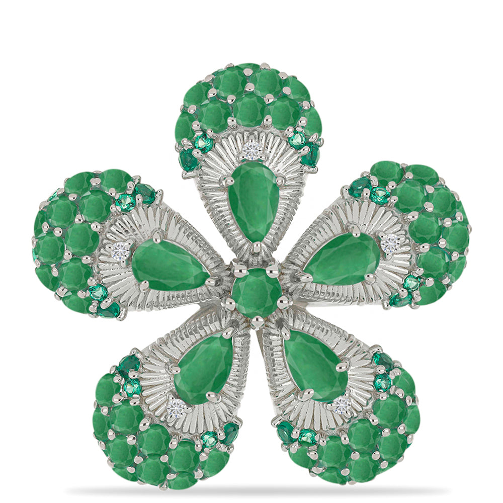 Anel de Prata com Esmeralda do Brasil e Diamante Branco  Contraste: Cabeca de Veado (800) 1 