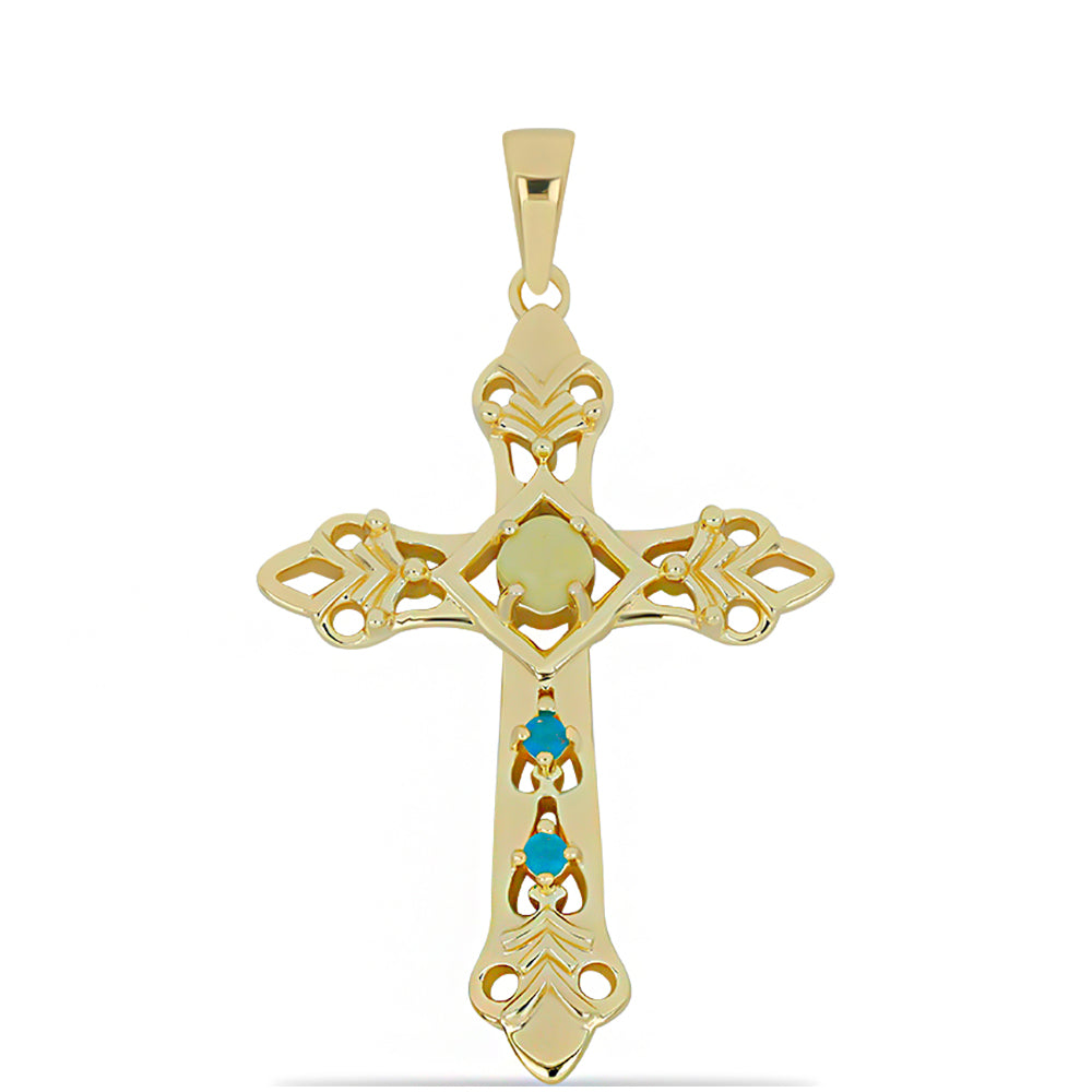Cruz Pendente de Prata com Banho de Ouro com Serpentina Amarela e Opala Azul Paraib da Etiópia  Contraste: Cabeca de Veado (800)