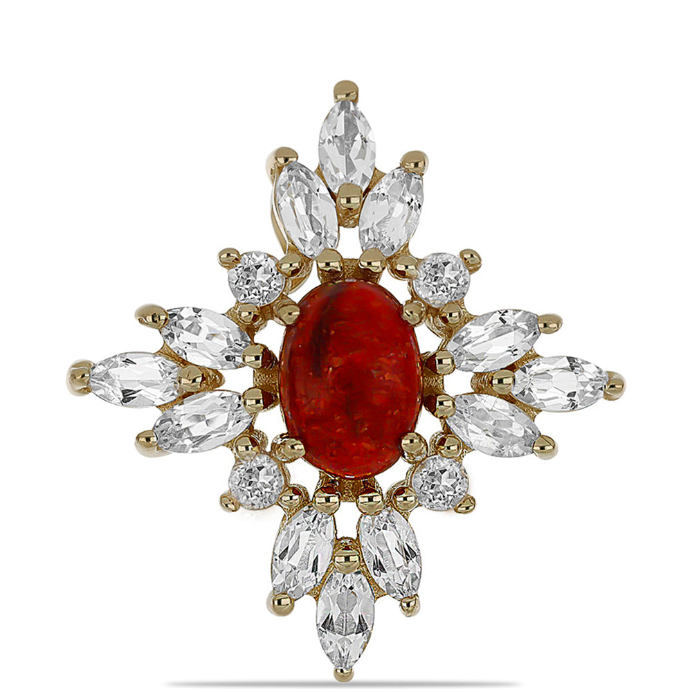 Anel de Prata com Banho de Ouro com Coral Vermelho e Topázio Branco  Contraste: Cabeca de Veado (800) 1 